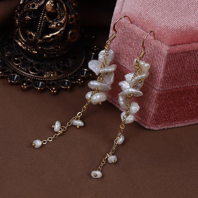 (E070)Keshi pearl tassel pearl stud earrings