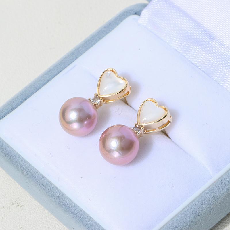 (J065)   Purple Edison Heart Shell Pearl set--Pendant & Earring stud