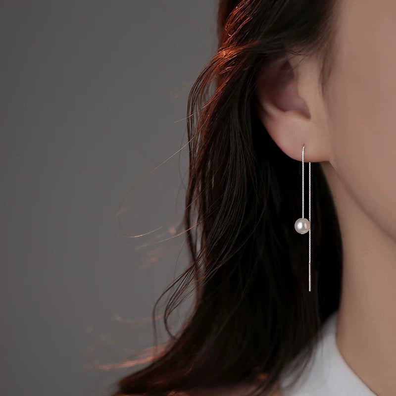 Long linear pearl stud earrings/S925(E80)