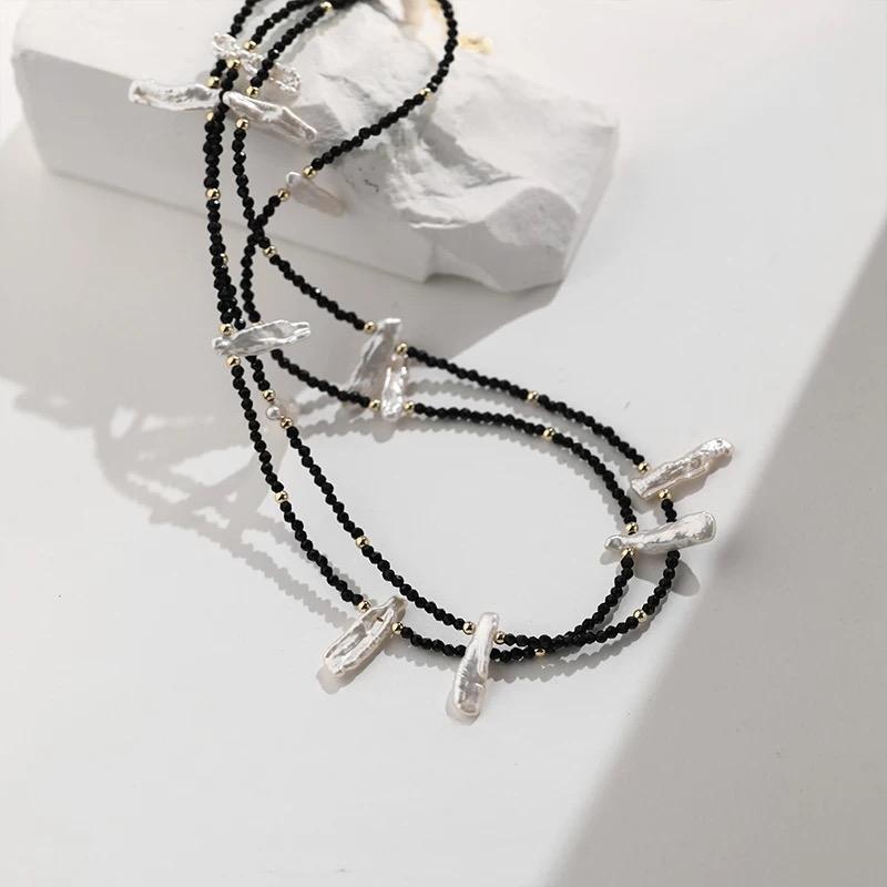 (N007)Bar pearl necklace/long black necklace