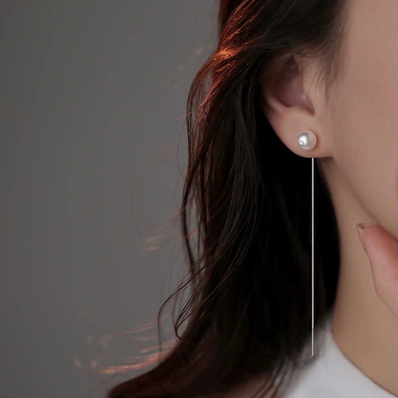 Long linear pearl stud earrings/S925(E80)