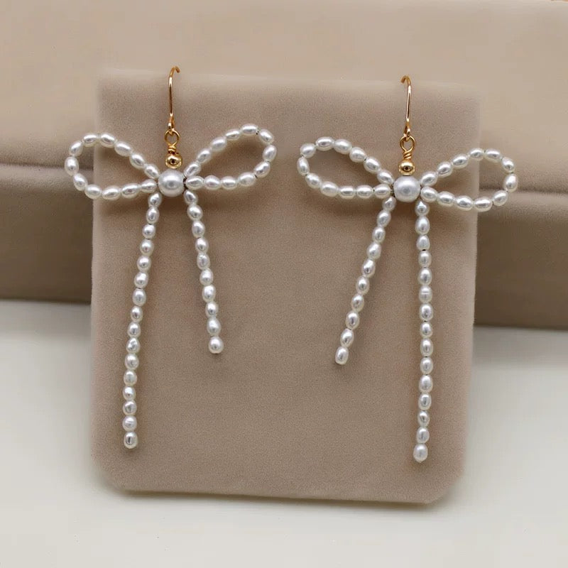 (E075)Bowknot pearl earring stud/S925