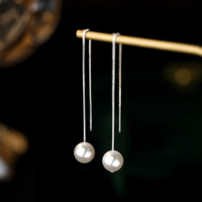 Long linear pearl stud earrings/S925(E80)
