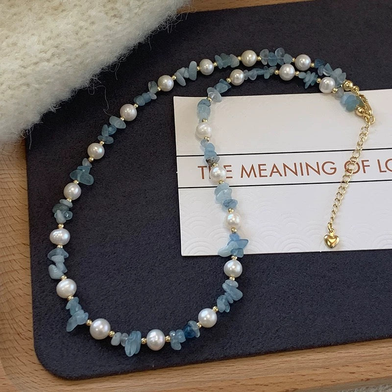 (J007)  aquamarine and pearl set/necklace & bracelet