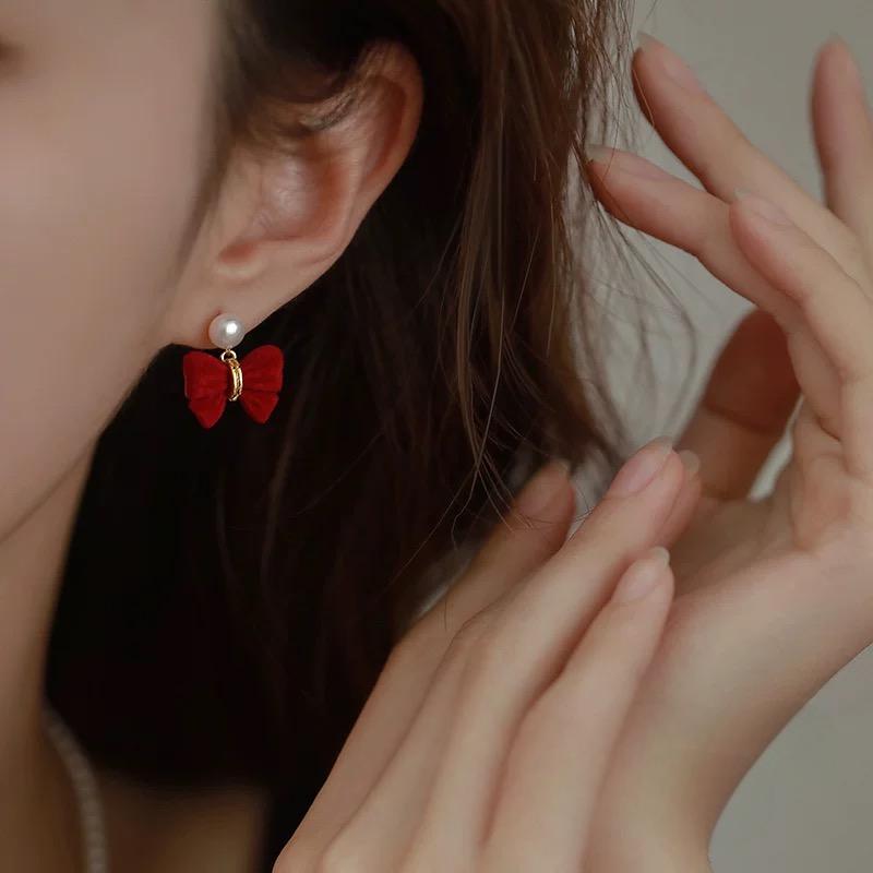 (E078)Red bow pearl Earring stud
