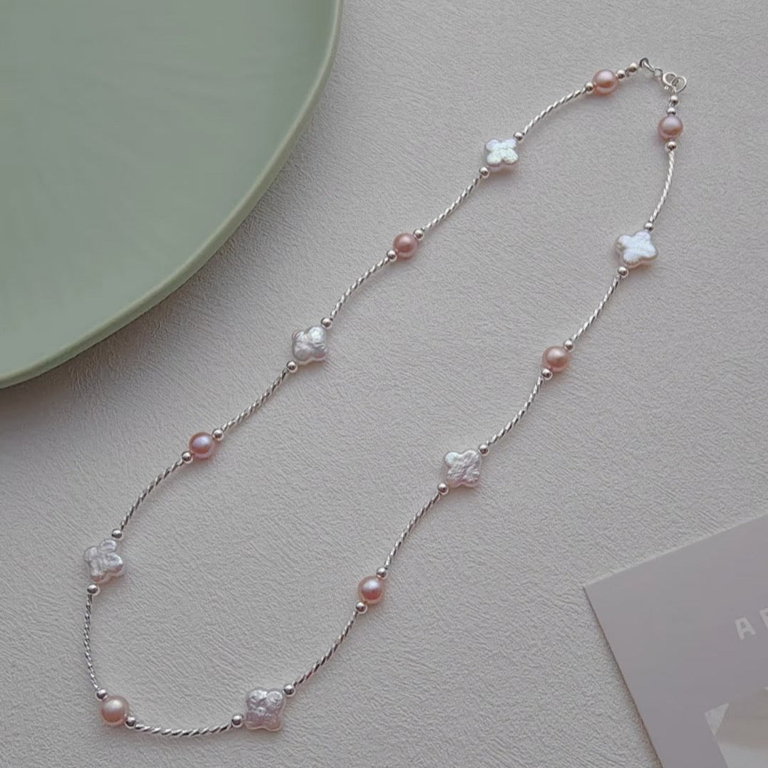 (N027)Clover pearl necklace/Handmade Pearl Necklace/Real Pearl Necklace
