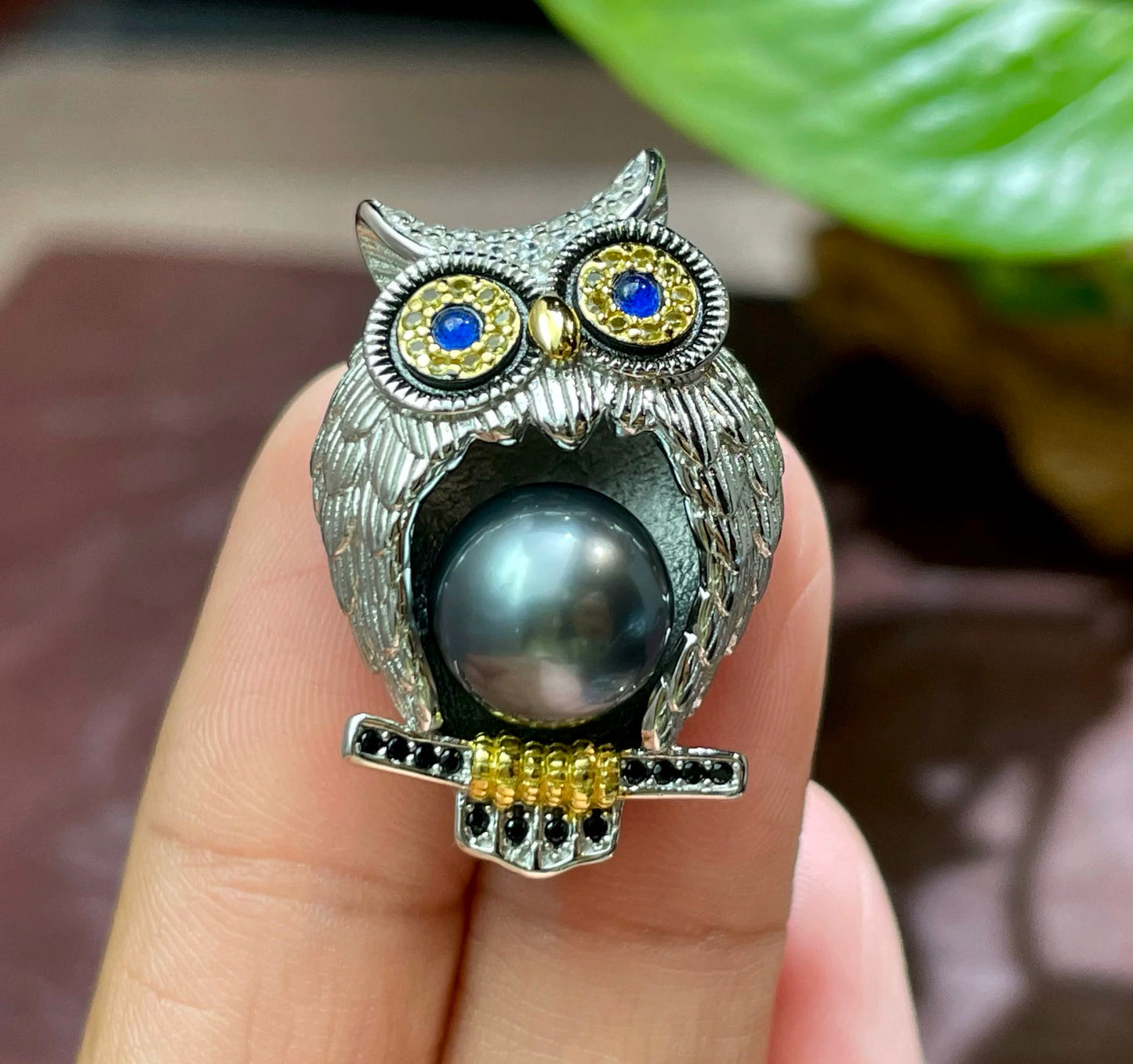 (P004) Black tahition owl pendant/S925/Sea water pearl