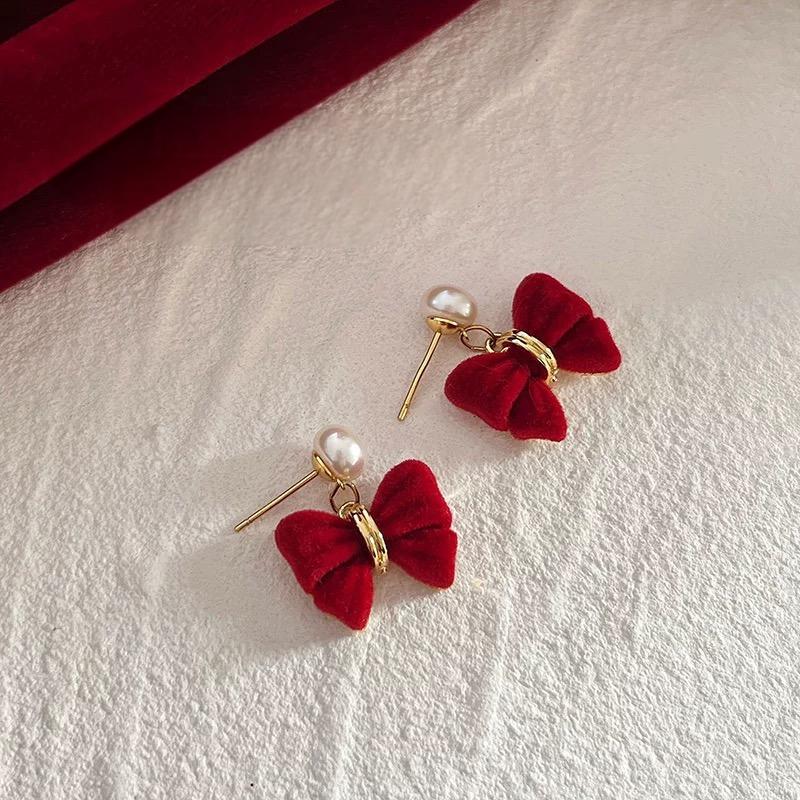 (E078)Red bow pearl Earring stud