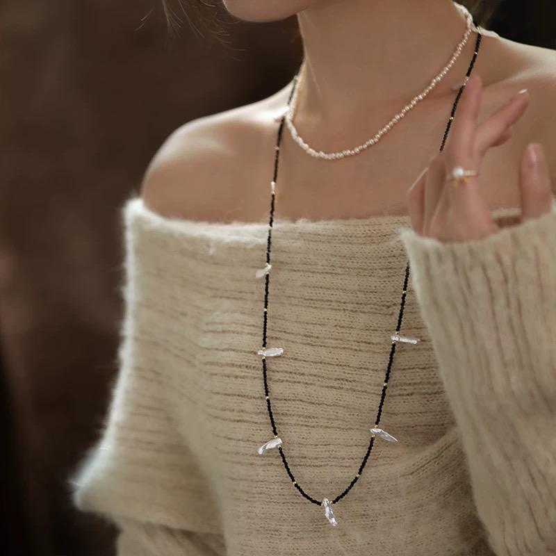 (N007)Bar pearl necklace/long black necklace