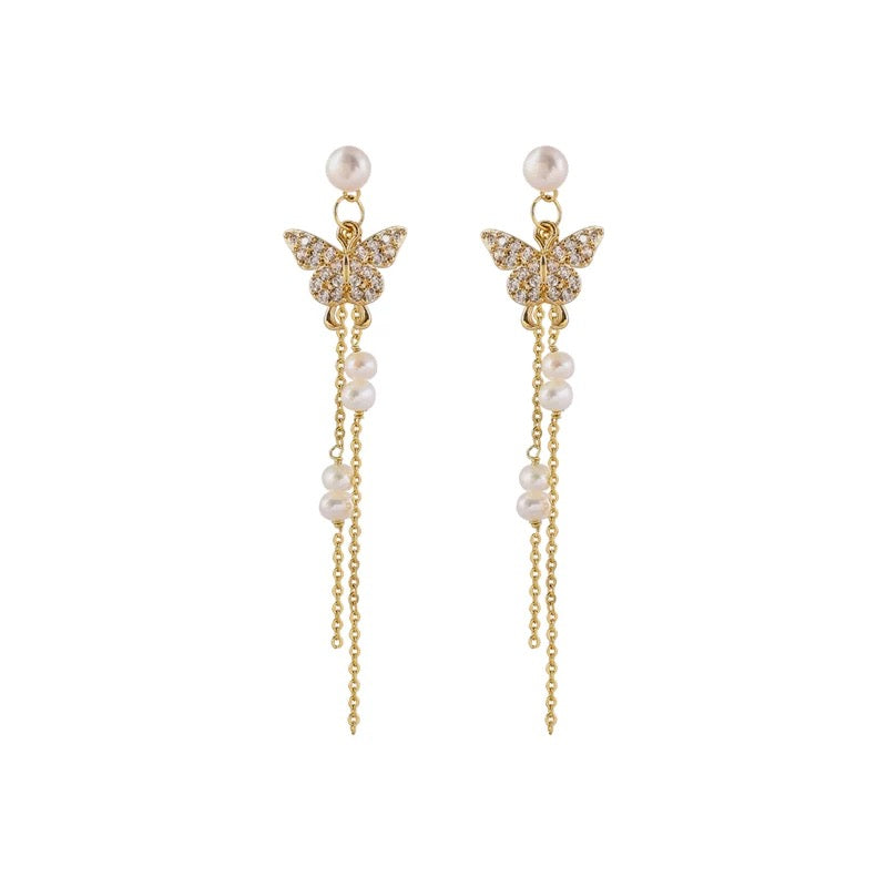 (E047) Butterfly Pearl dangling earrings