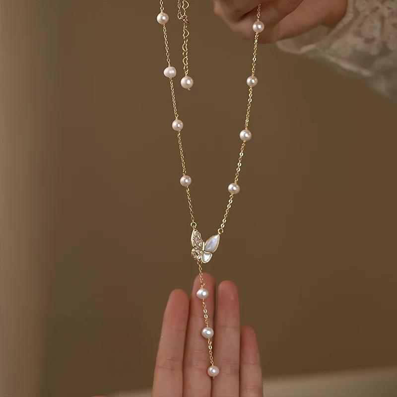 (N023)Butterfly pearl necklace/Dainty Pearl Necklace