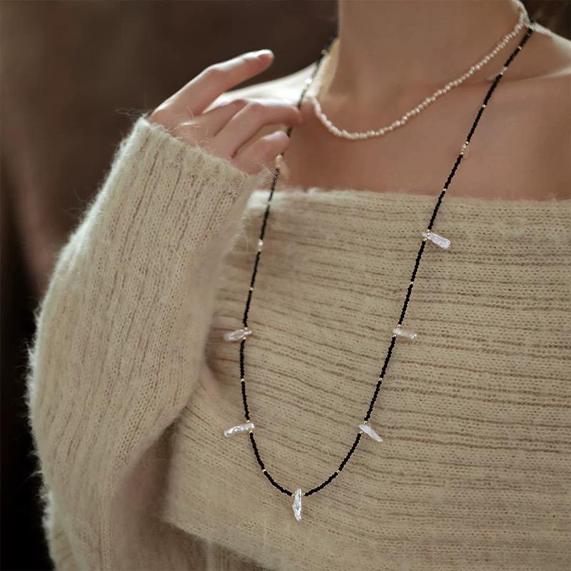 (N007)Bar pearl necklace/long black necklace