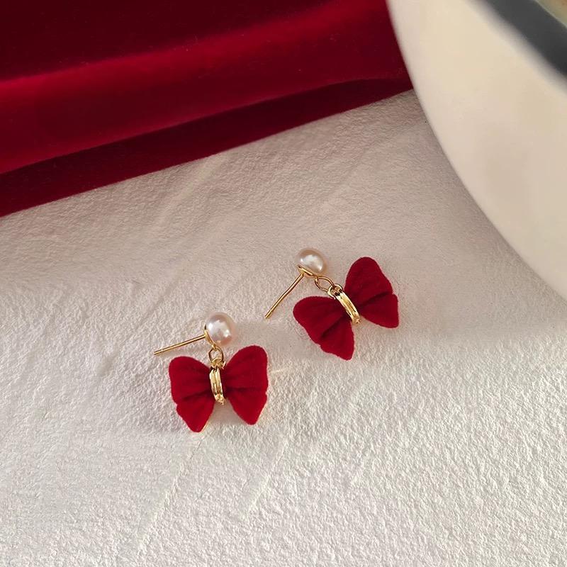 (E078)Red bow pearl Earring stud