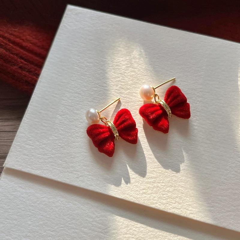 (E078)Red bow pearl Earring stud