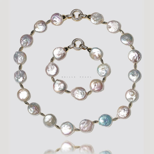 (J0068)   Button baroque pearl set--necklace & bracelet