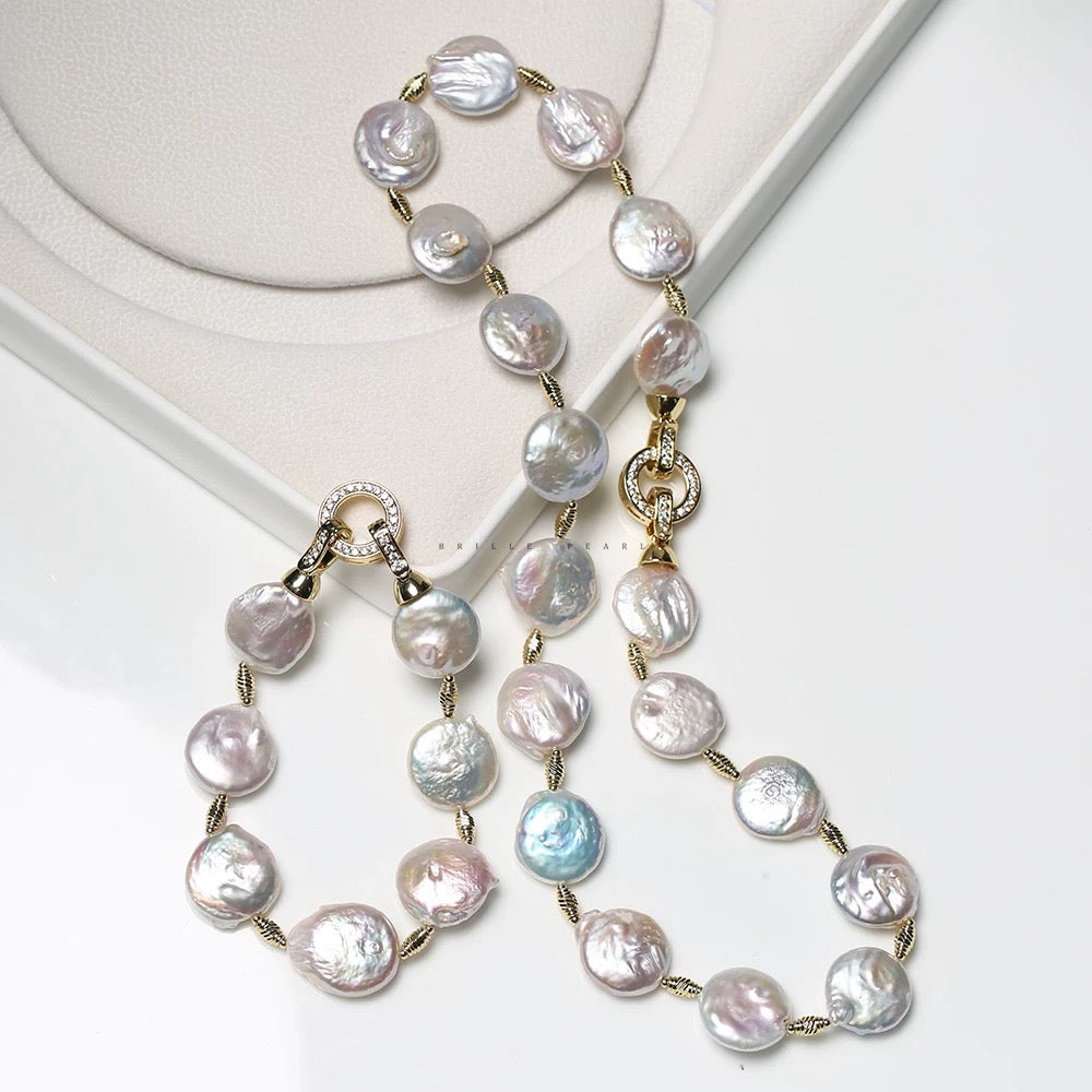 (J0068) Button baroque pearl set--necklace & bracelet