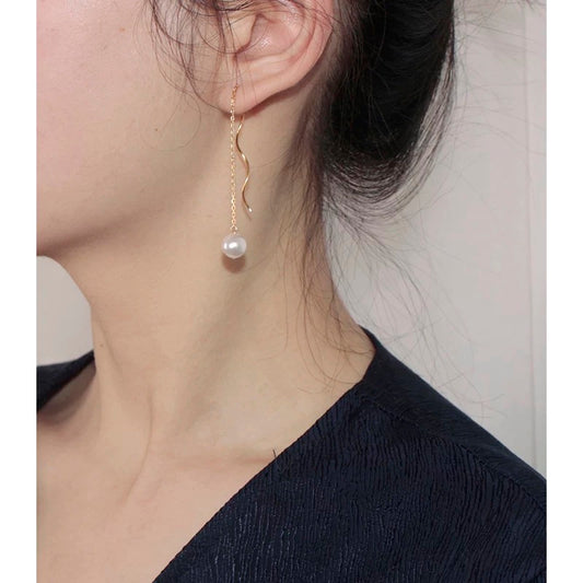 (E077)Wave Pearl Ear Threads Elegant Tassel Earrings (S925)