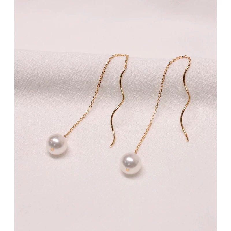 (E077)Wave Pearl Ear Threads Elegant Tassel Earrings (S925)