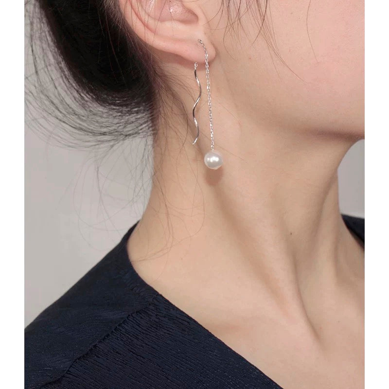 (E077)Wave Pearl Ear Threads Elegant Tassel Earrings (S925)