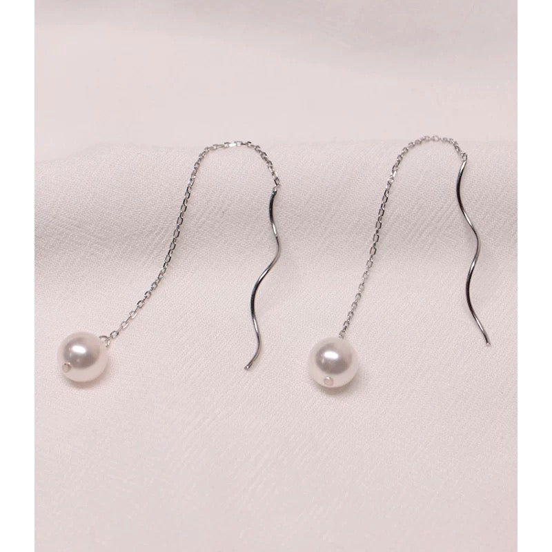 (E077)Wave Pearl Ear Threads Elegant Tassel Earrings (S925)