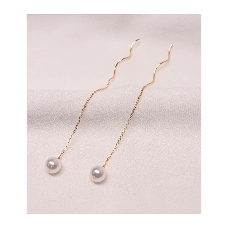 (E077)Wave Pearl Ear Threads Elegant Tassel Earrings (S925)