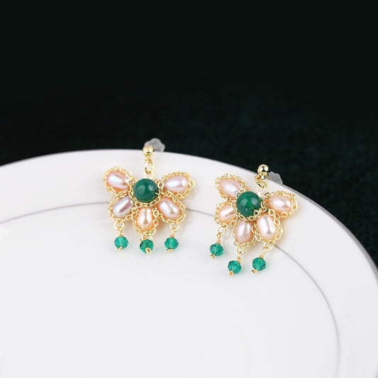 (E035) Metal chain wrapped freshwater pearlite greenstone earrings