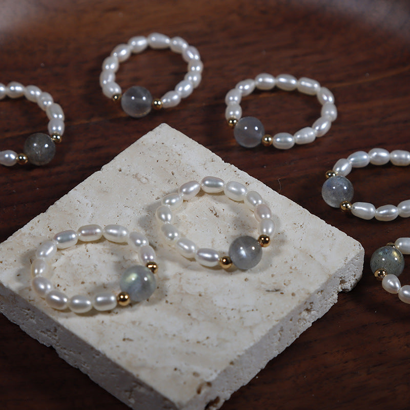 R78 Moonstone Crystal natural freshwater pearl ring