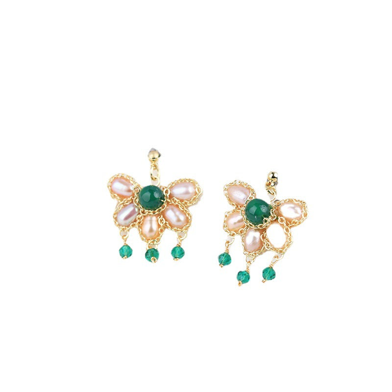 (E035) Metal chain wrapped freshwater pearlite greenstone earrings