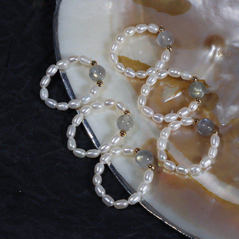 R78 Moonstone Crystal natural freshwater pearl ring