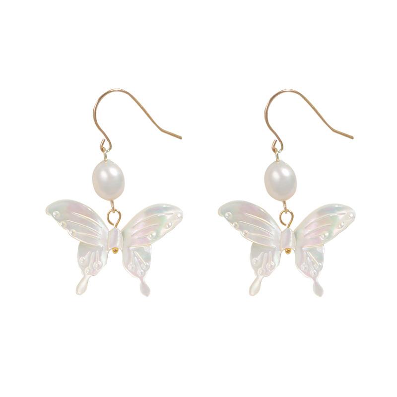 (E046) Butterfly shell pearl hoop earrings