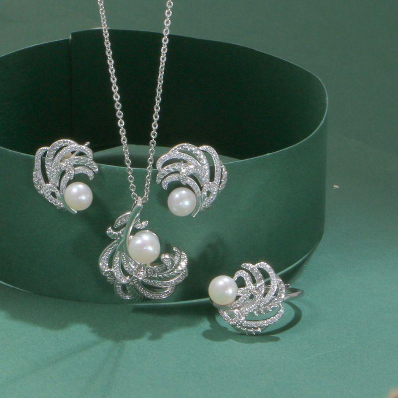 (J055)    Feather pearl set--Pendant & Earring & Ring