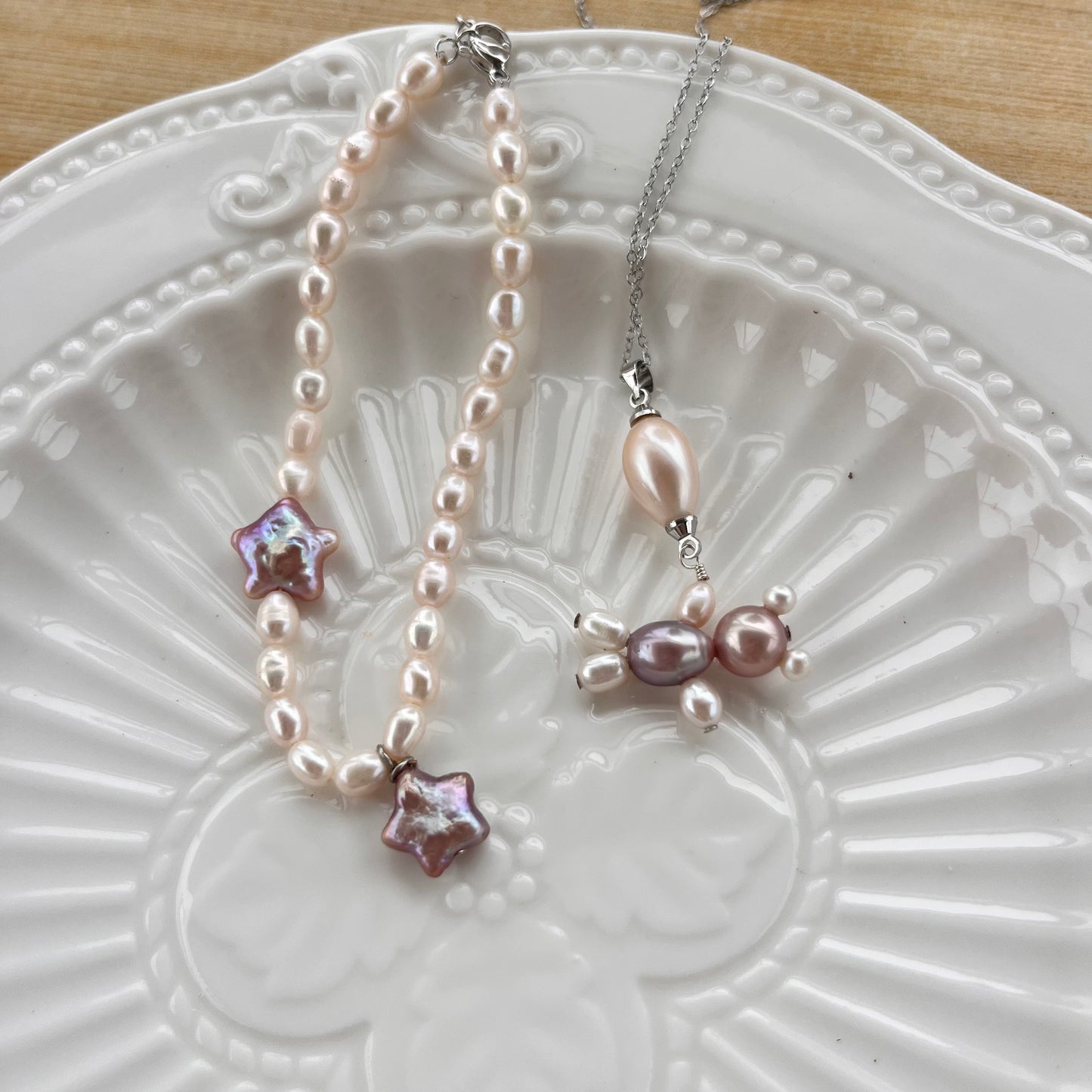 (J069) Oval & star pearl set(pendant and bracelet)
