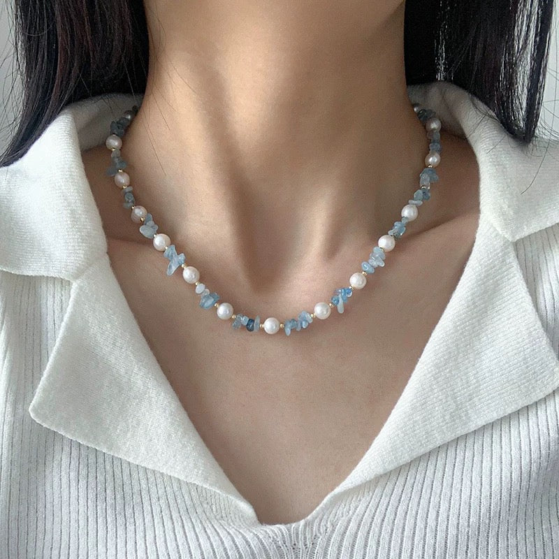 (J007)  aquamarine and pearl set/necklace & bracelet