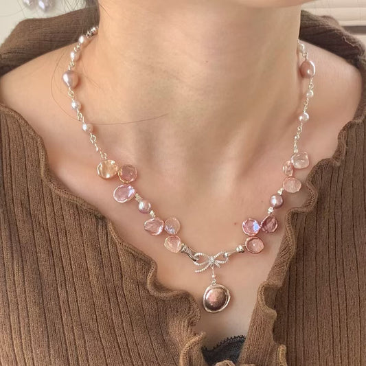 (J068) Petal pearl necklace/S925/Handmade Pearl Necklace