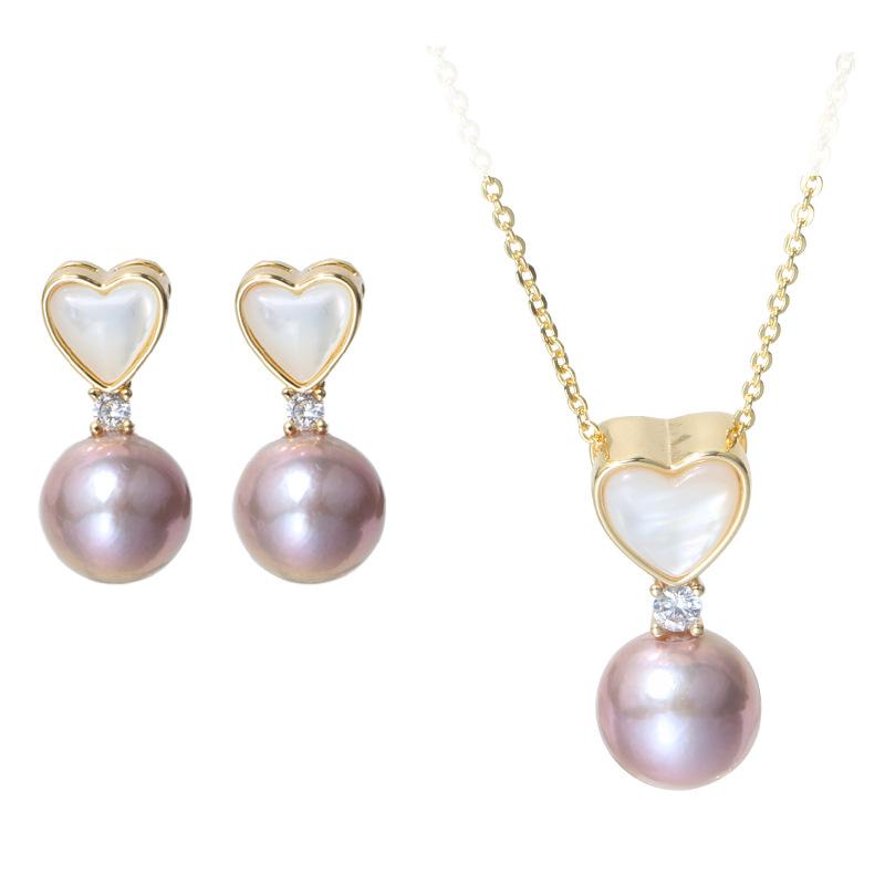 (J065)   Purple Edison Heart Shell Pearl set--Pendant & Earring stud