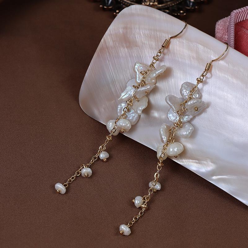 (E070)Keshi pearl tassel pearl stud earrings