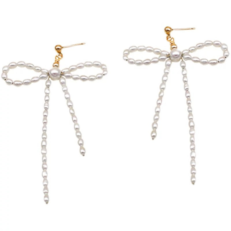 (E075)Bowknot pearl earring stud/S925