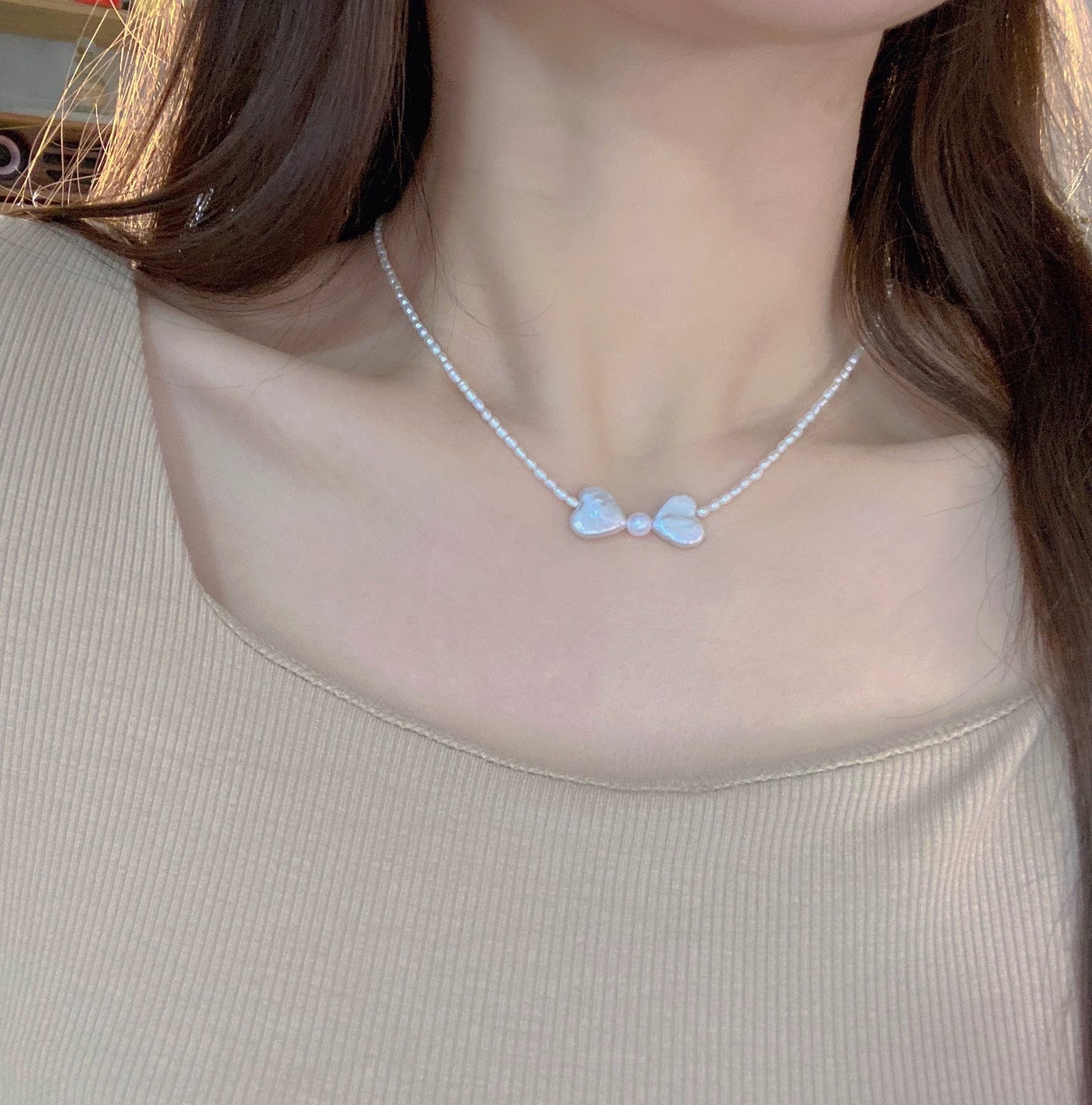 (N002)  Bow pearl necklace/heart pearl