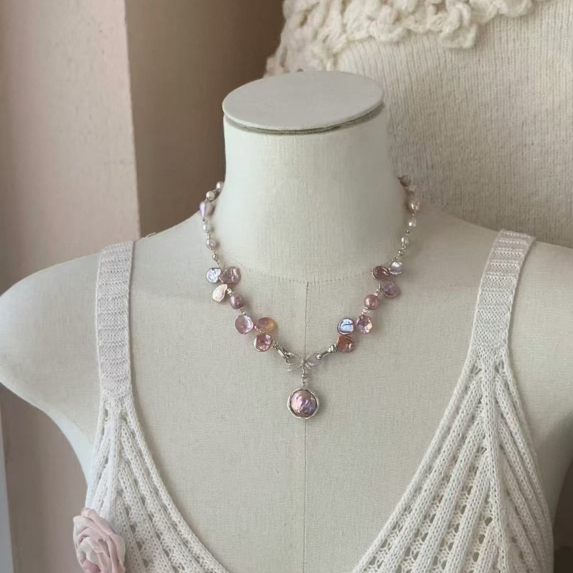 (J068) Petal pearl necklace/S925/Handmade Pearl Necklace