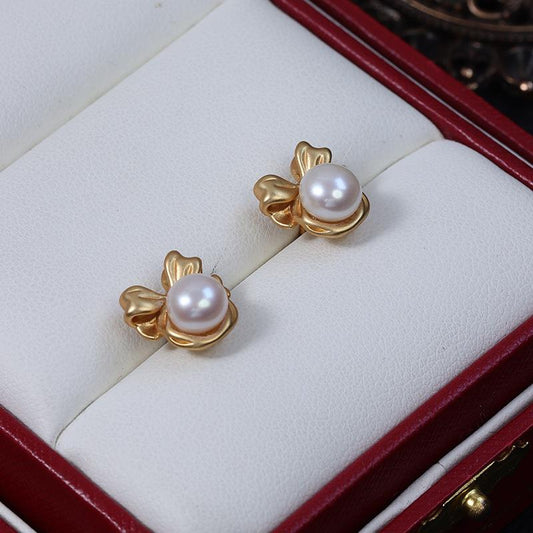 (E037) Bow pearl stud earrings
