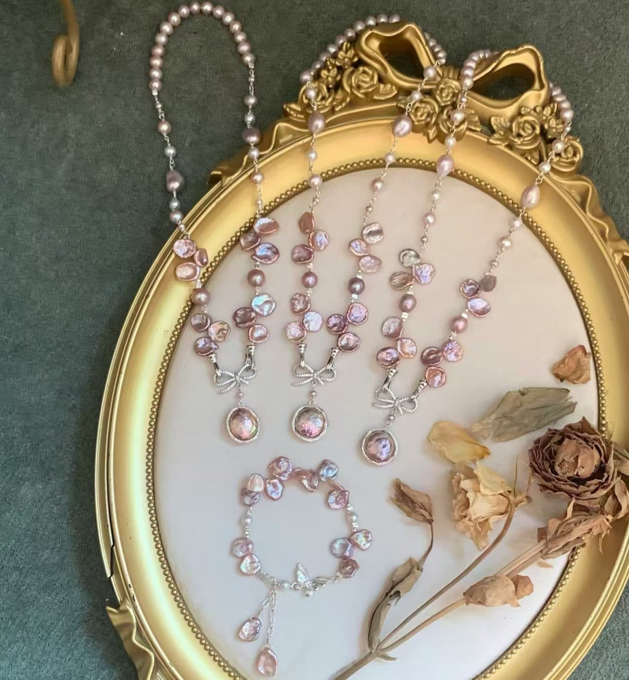 (J068) Petal pearl necklace/S925/Handmade Pearl Necklace