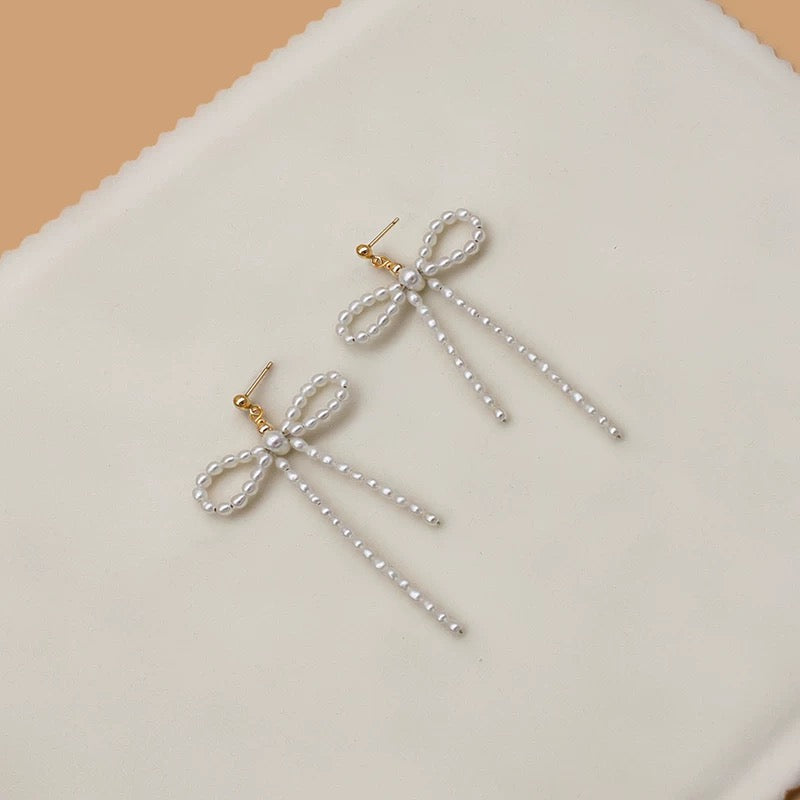 (E075)Bowknot pearl earring stud/S925