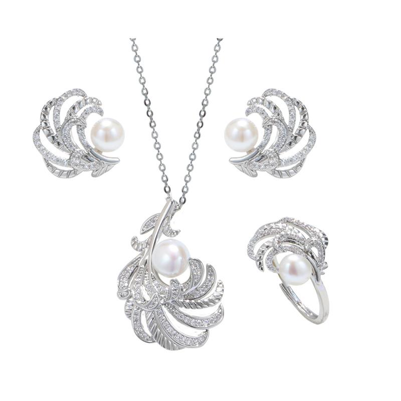 (J055)    Feather pearl set--Pendant & Earring & Ring