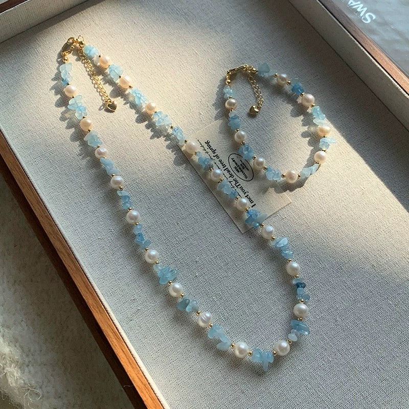 (J007)  aquamarine and pearl set/necklace & bracelet