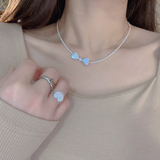 (N002)  Bow pearl necklace/heart pearl