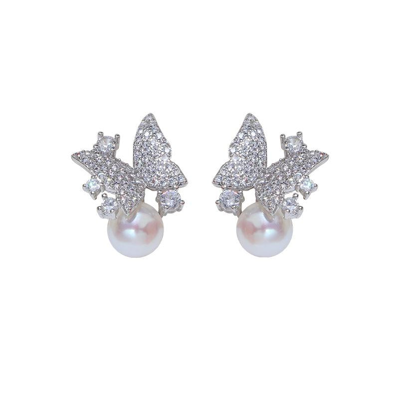 (E071) Full of diamond butterfly pearl earrings