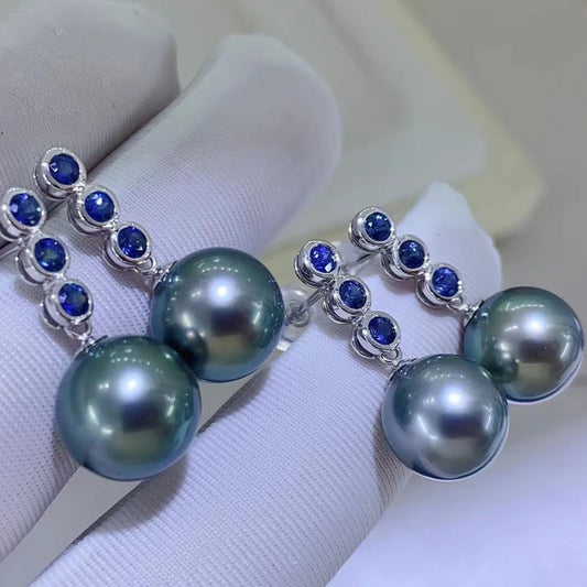 (E031)Black tahitian 10-11mm earring saltwater pearl 18K gold  with sapphire gemstone