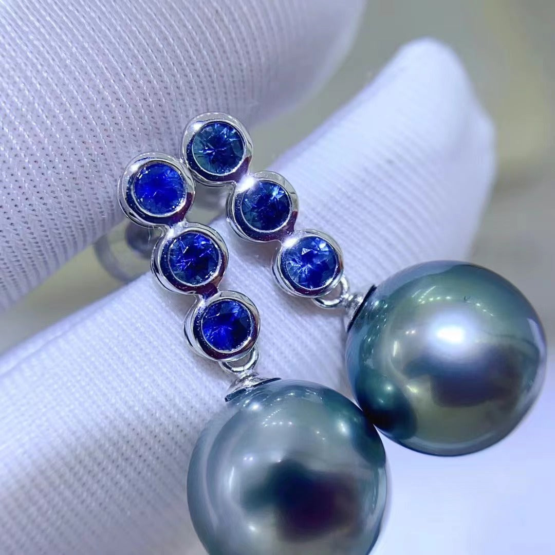 (E031)Black tahitian 10-11mm earring saltwater pearl 18K gold  with sapphire gemstone