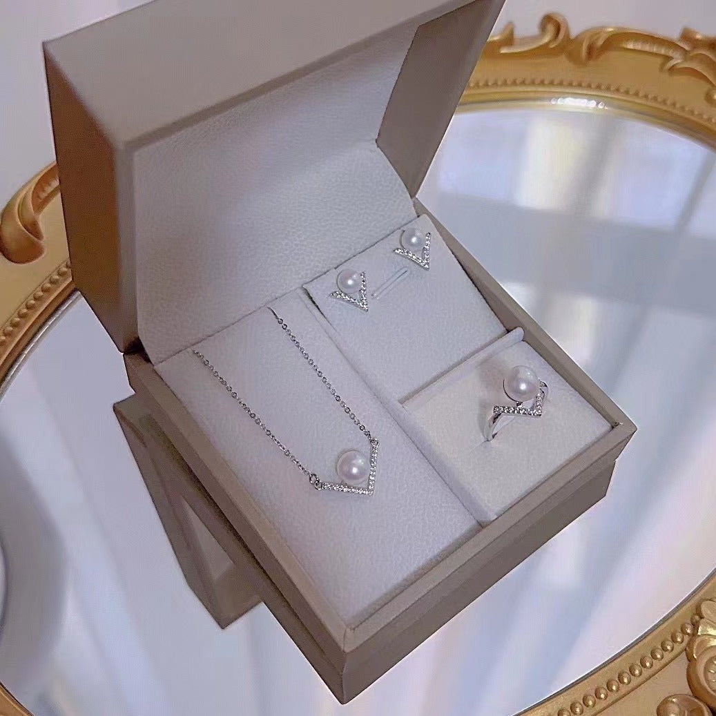 (J036)  S925 Pearl set V-shaped jewelry-Pendant & Earring & Ring