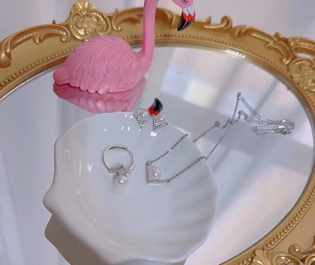 (J036)  S925 Pearl set V-shaped jewelry-Pendant & Earring & Ring